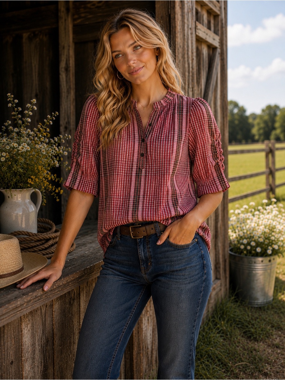 NWT Tulip B Women's Burgundy Rose Plaid Henley Button Front Blouse